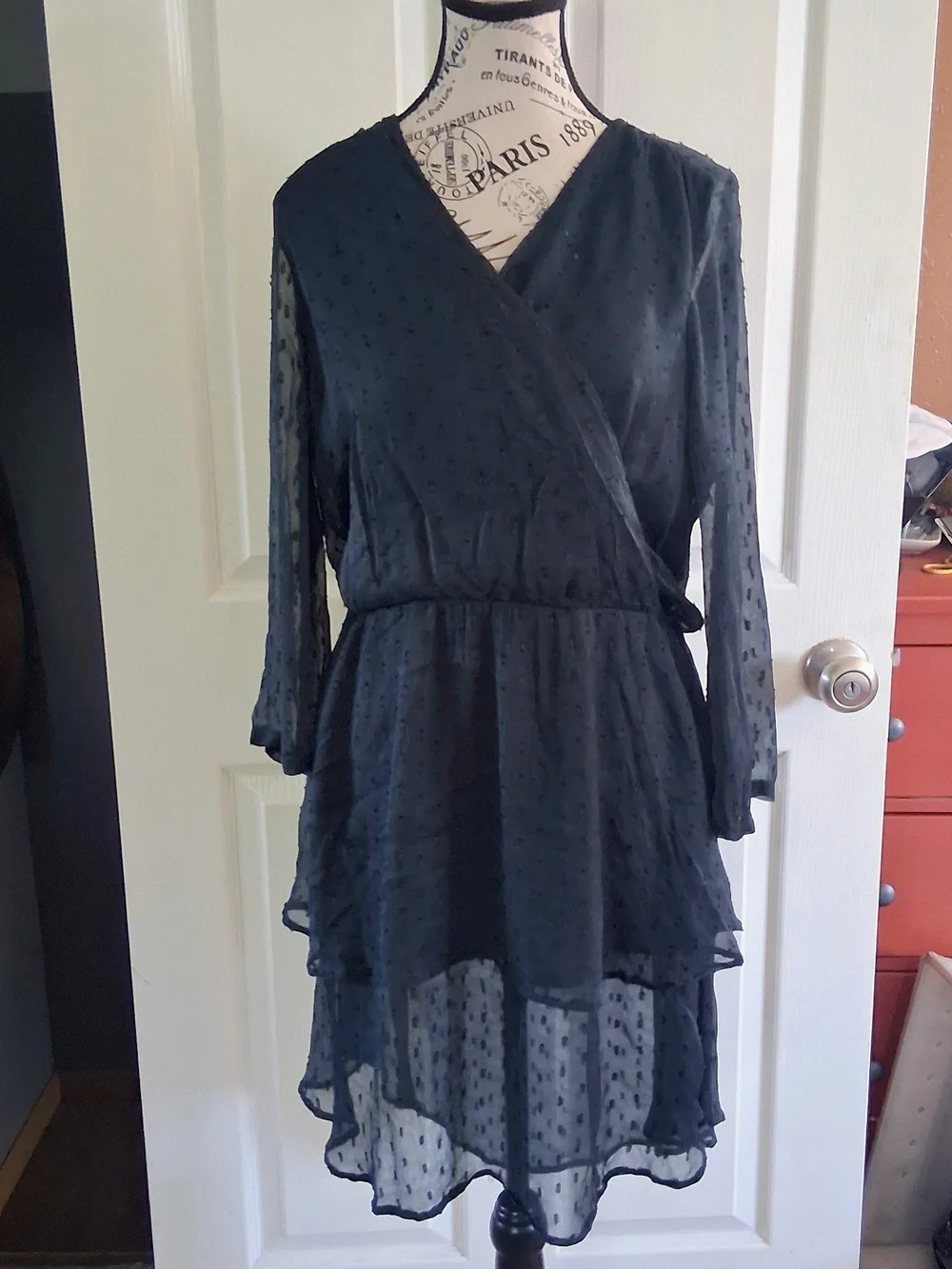 Free People Black Daliah Swiss Dot Long Sleeve Mini Dress Size Medium